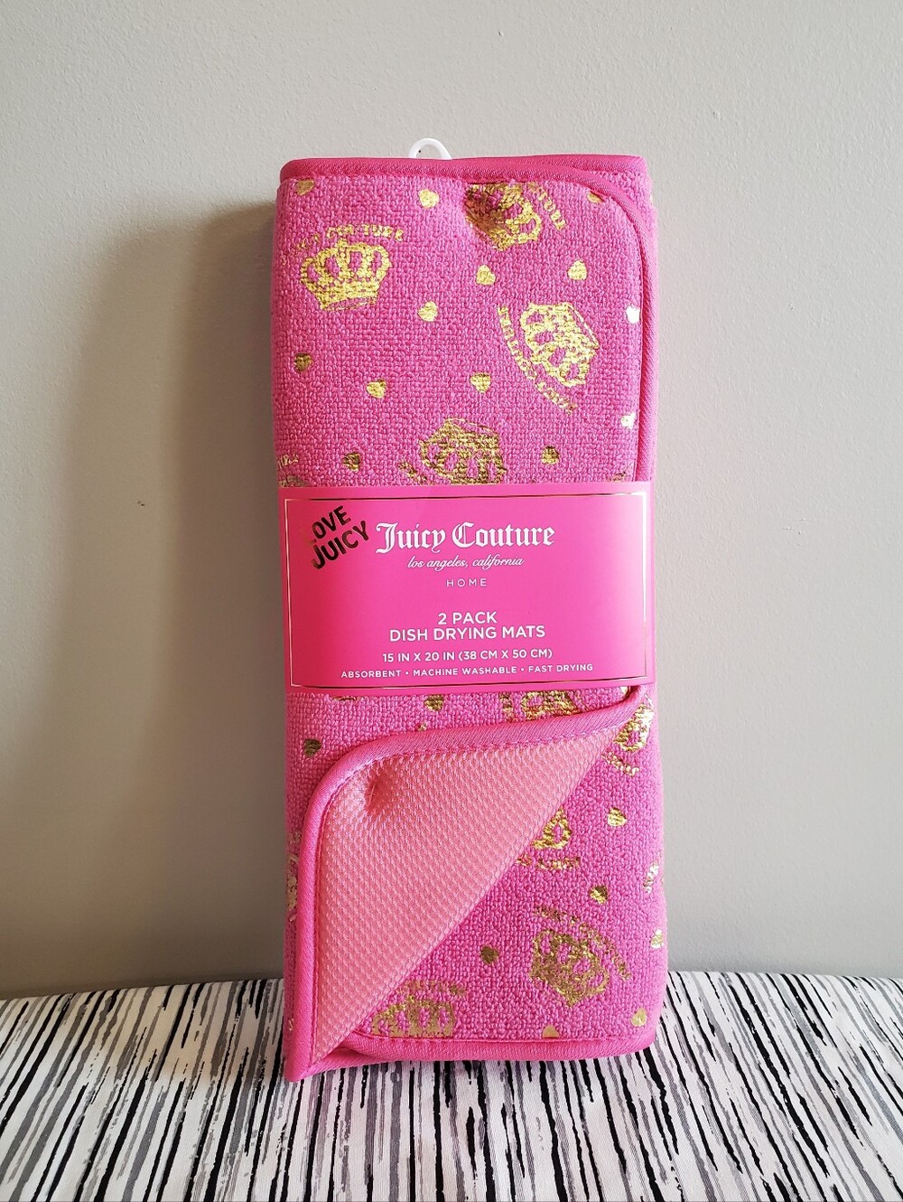 Juicy Couture Pink Dish Drying Mats with Gold Crowns 2 Pack